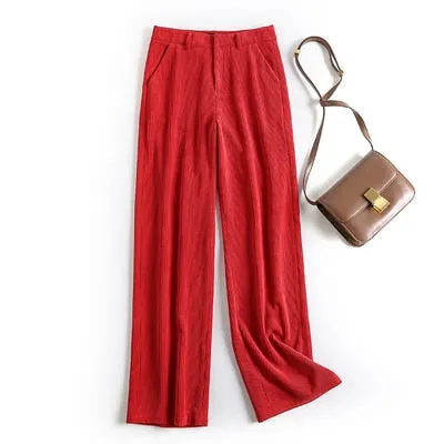 Women's Corduroy Drape Effect Loose Fit Wide Leg Casual Trousers