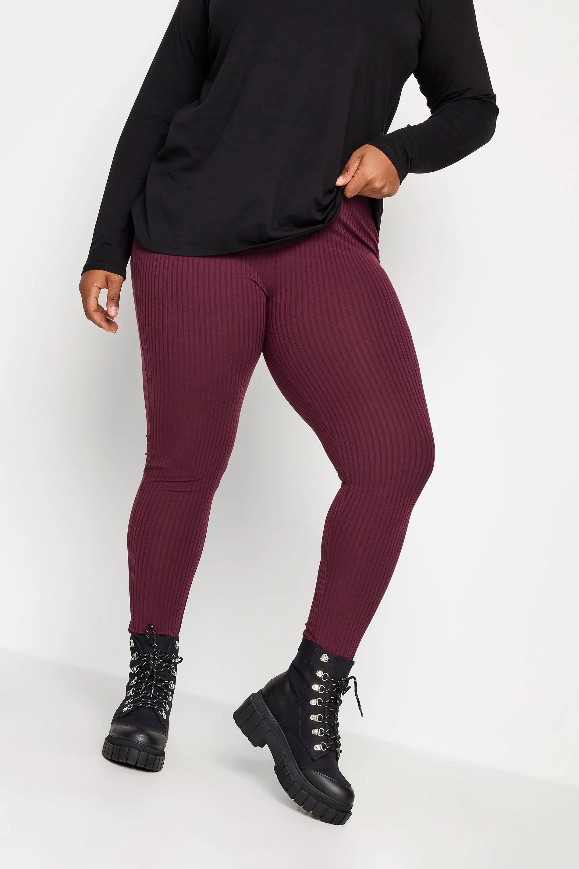 YOURS Curve Burgundy Red Ribbed Leggings