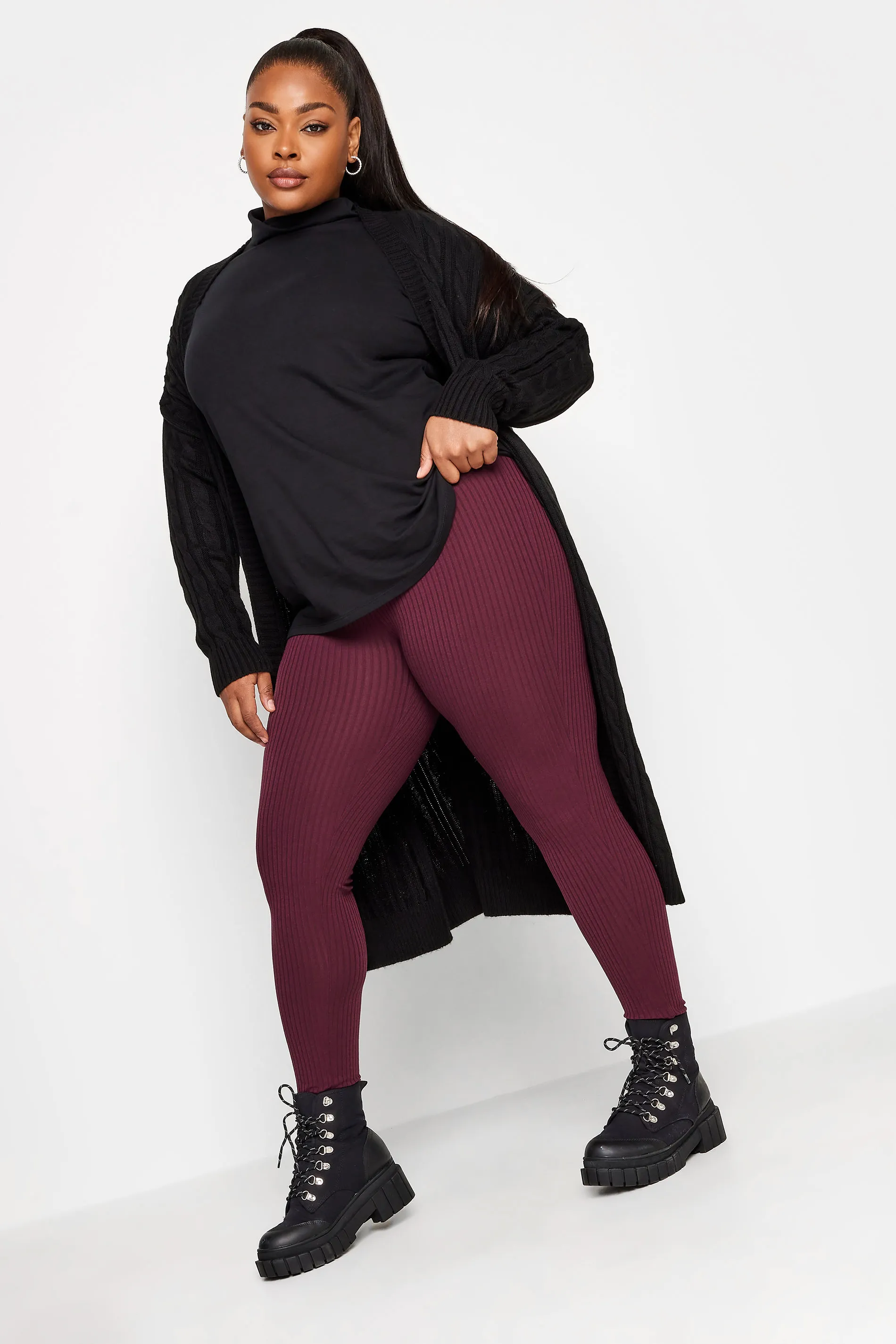 YOURS Curve Burgundy Red Ribbed Leggings